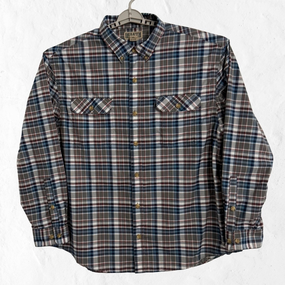 Duluth Trading Co Plaid Button Down Shirt Mens 2XL Blue Gray Excellent Utility
